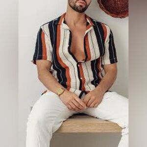 Zara Retro Casual Textured Woven Knit Button Down Shirt • Striped • Size Medium